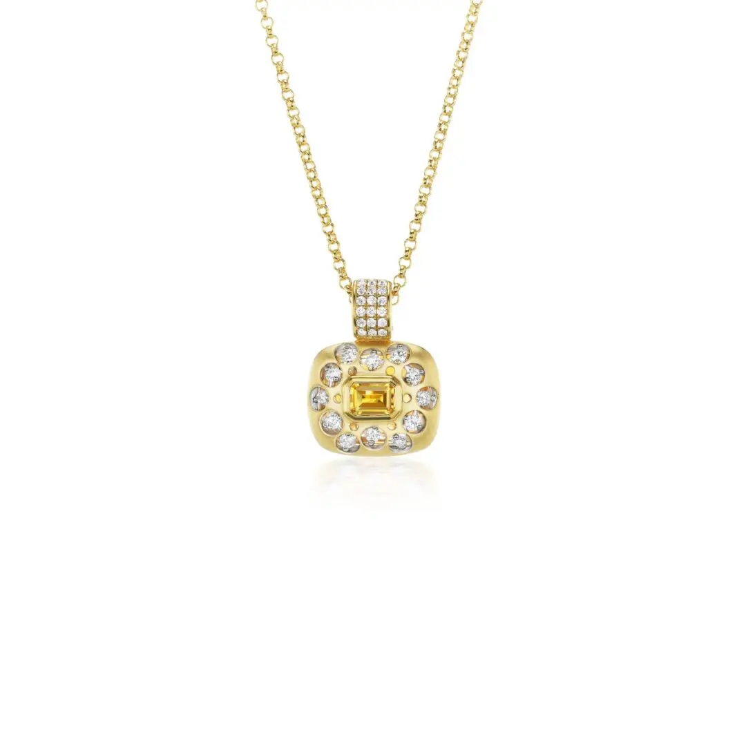 A yellow gold necklace with a diamond and white stone pendant.