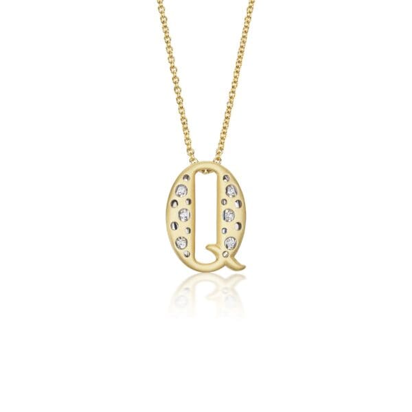 A gold necklace with the letter q