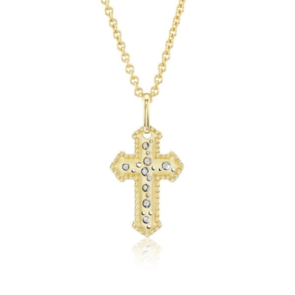 A gold cross with diamonds on it's side.