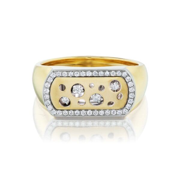 A gold ring with diamonds on top of it.