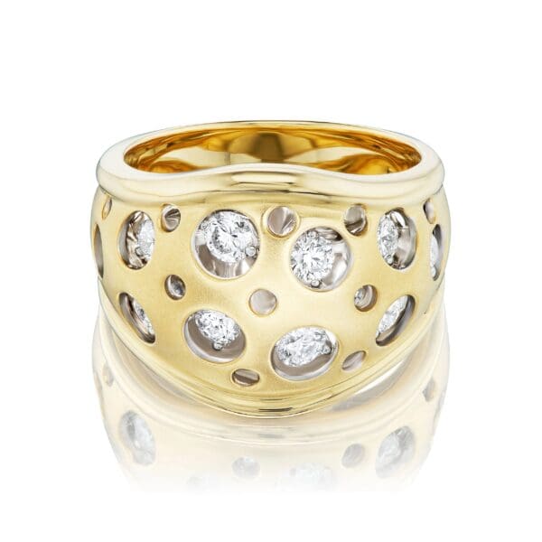 A gold ring with diamonds on it's side.