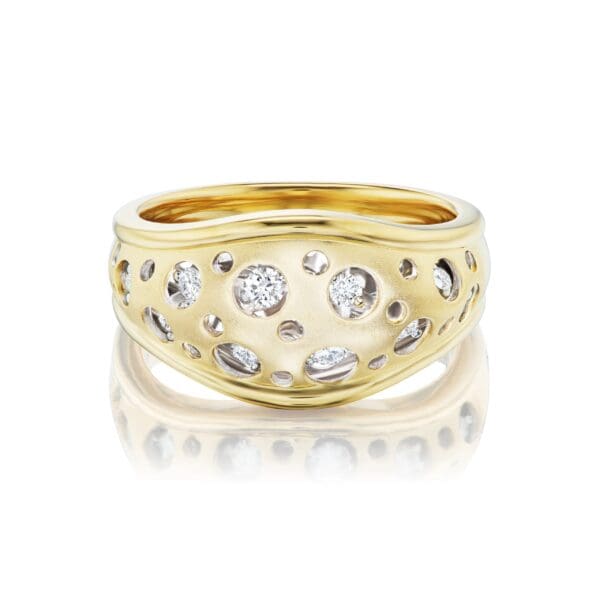 A gold ring with diamonds on it's side.